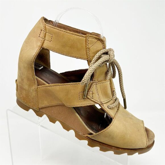 Sorel Women's Joanie Brown Leather Lace Up Wedge Sandals Size 11 Casual Summer - Picture 1 of 13